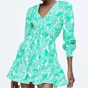 Zara Green and White Paisley Print Mini Dress / XS